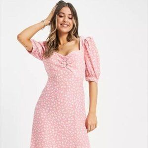 Puff Sleeve Midi Dress | Pink Floral | Sweetheart Neckline | Size 12